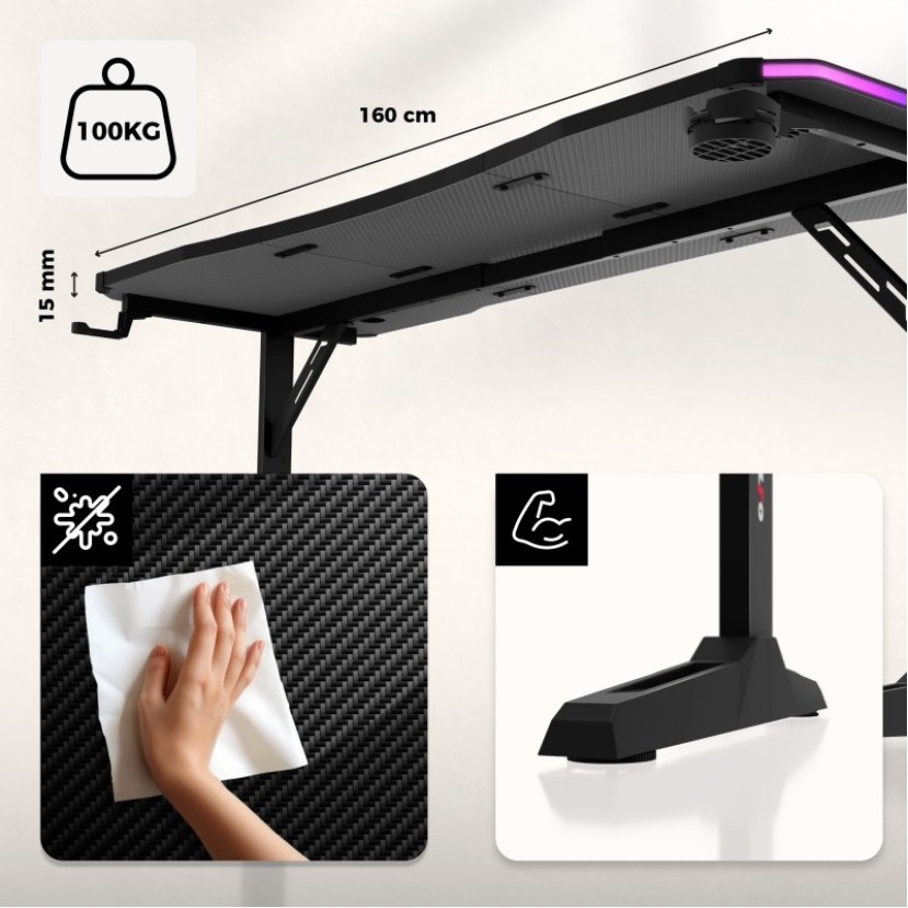 Hero 4.6 RGB Black 160 cm žaidimų stalas Hero 4.6 RGB Black 160 cm žaidimų stalas