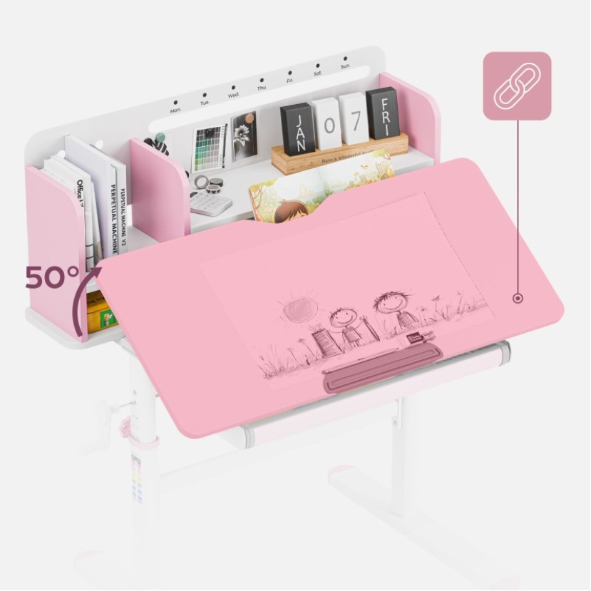 Ergonomiškas vaikiškas rašomasis stalas Study 5.0 Pink 90 cm Ergonomiškas vaikiškas rašomasis stalas Study 5.0 Pink 90 cm