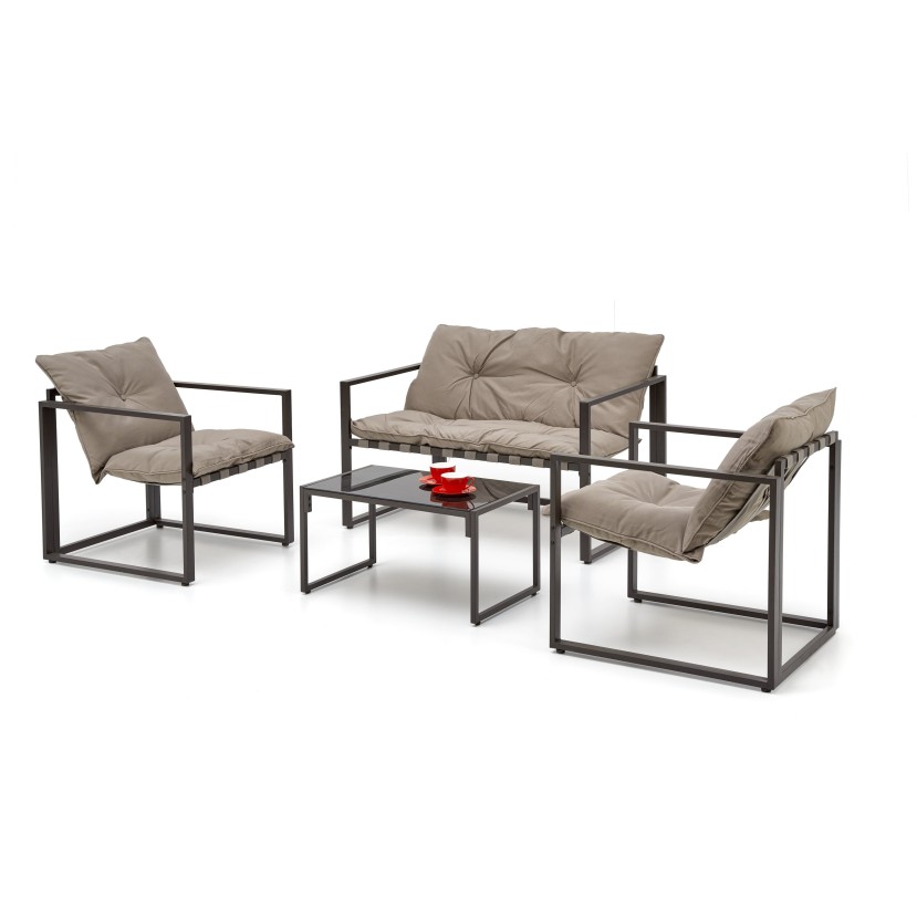 Lauko baldų komplektas SHARK juodas/kapučino (sofa + 2 kėdės + kavos staliukai) Lauko baldų komplektas SHARK juodas/kapučino (sofa + 2 kėdės + kavos staliukai)