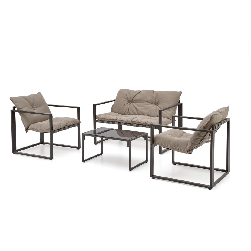 Lauko baldų komplektas SHARK juodas/kapučino (sofa + 2 kėdės + kavos staliukai) Lauko baldų komplektas SHARK juodas/kapučino (sofa + 2 kėdės + kavos staliukai)