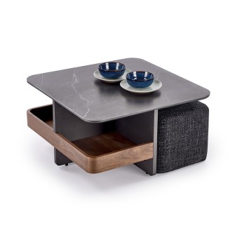 VICKER coffee table with pouffes, table top: black marble, frame: black / walnut, pouffe: d.grey