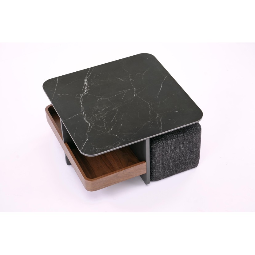 VICKER coffee table with pouffes, table top: black marble, frame: black / walnut, pouffe: d.grey VICKER coffee table with pouffes, table top: black marble, frame: black / walnut, pouffe: d.grey