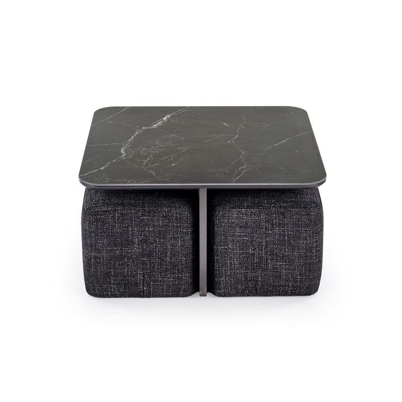 VICKER coffee table with pouffes, table top: black marble, frame: black / walnut, pouffe: d.grey VICKER coffee table with pouffes, table top: black marble, frame: black / walnut, pouffe: d.grey