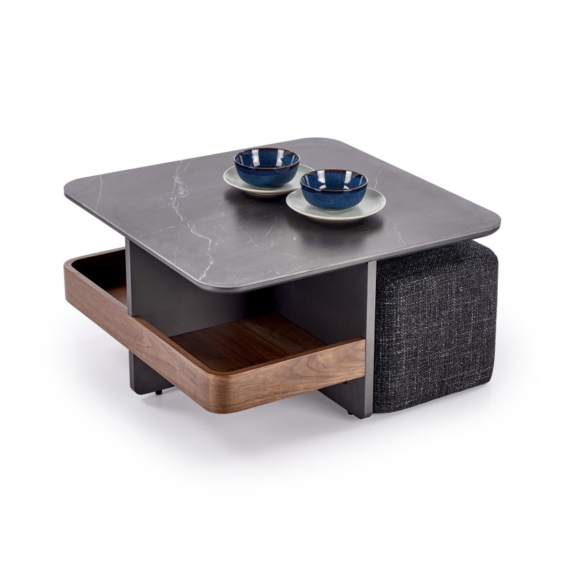 VICKER coffee table with pouffes, table top: black marble, frame: black / walnut, pouffe: d.grey VICKER coffee table with pouffes, table top: black marble, frame: black / walnut, pouffe: d.grey