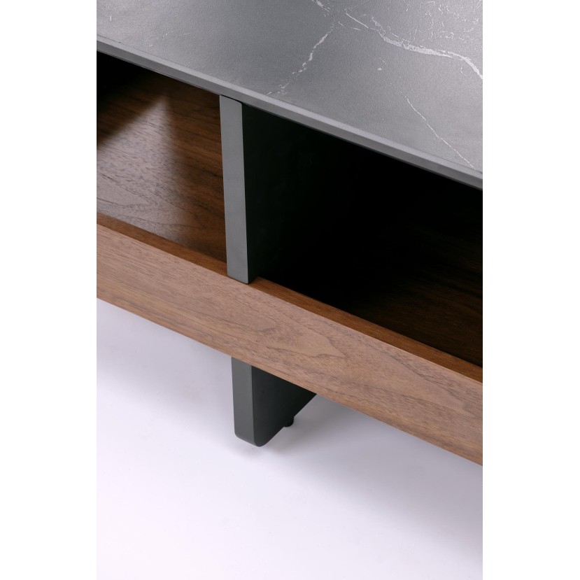 VICKER coffee table with pouffes, table top: black marble, frame: black / walnut, pouffe: d.grey VICKER coffee table with pouffes, table top: black marble, frame: black / walnut, pouffe: d.grey
