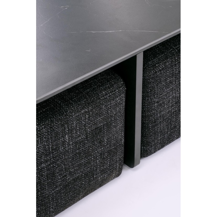 VICKER coffee table with pouffes, table top: black marble, frame: black / walnut, pouffe: d.grey VICKER coffee table with pouffes, table top: black marble, frame: black / walnut, pouffe: d.grey