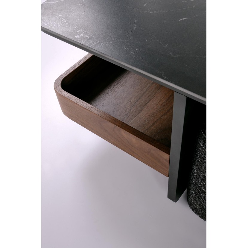 VICKER coffee table with pouffes, table top: black marble, frame: black / walnut, pouffe: d.grey VICKER coffee table with pouffes, table top: black marble, frame: black / walnut, pouffe: d.grey