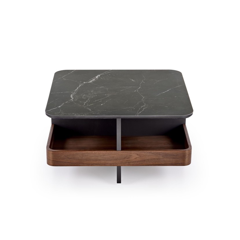 VICKER coffee table with pouffes, table top: black marble, frame: black / walnut, pouffe: d.grey VICKER coffee table with pouffes, table top: black marble, frame: black / walnut, pouffe: d.grey