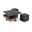 VICKER coffee table with pouffes, table top: black marble, frame: black / walnut, pouffe: d.grey VICKER coffee table with pouffes, table top: black marble, frame: black / walnut, pouffe: d.grey
