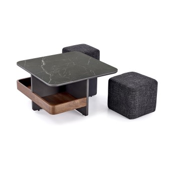 VICKER coffee table with pouffes, table top: black marble, frame: black / walnut, pouffe: d.grey VICKER coffee table with pouffes, table top: black marble, frame: black / walnut, pouffe: d.grey